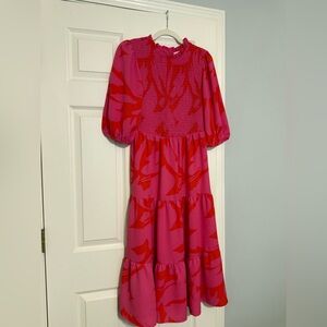 Sugarlips Pink and Red Smocked Midi Dress